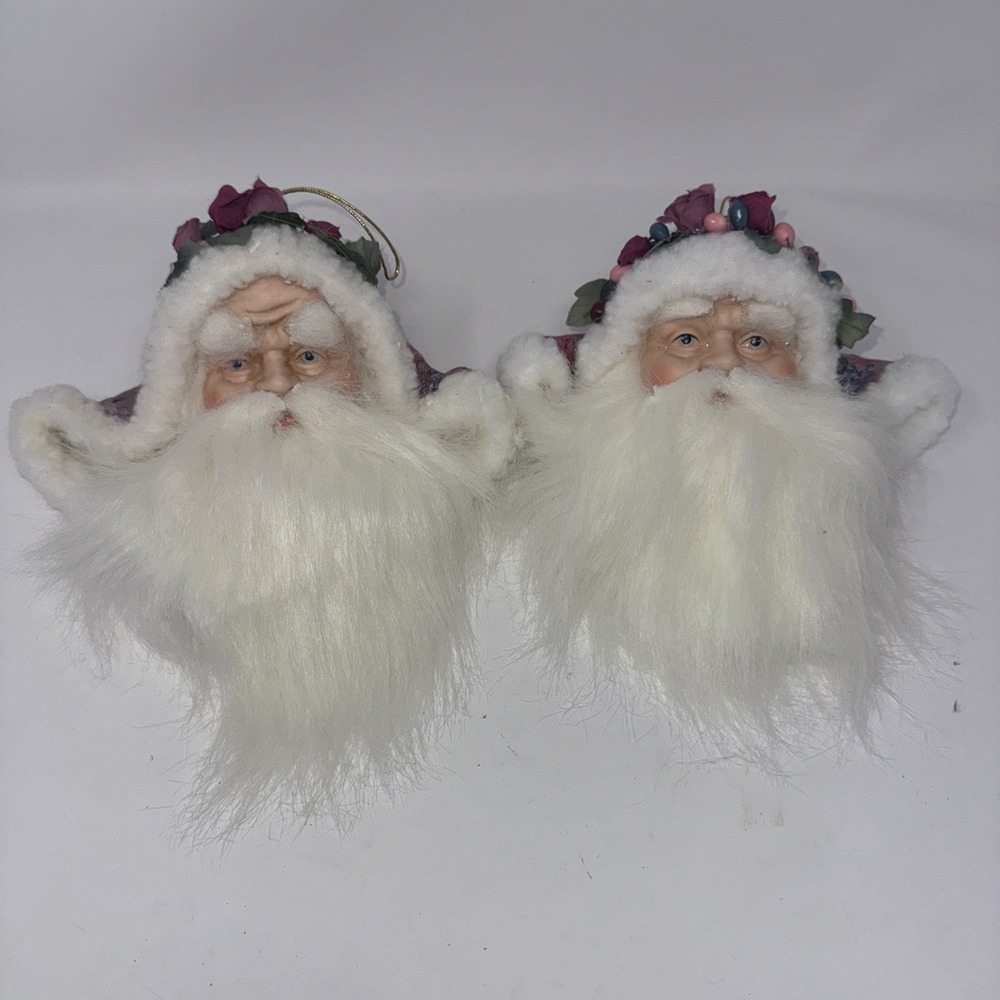 Set Of 2 Old World Style Santa Face Ornament Pink Floral Hat Victorian 8in